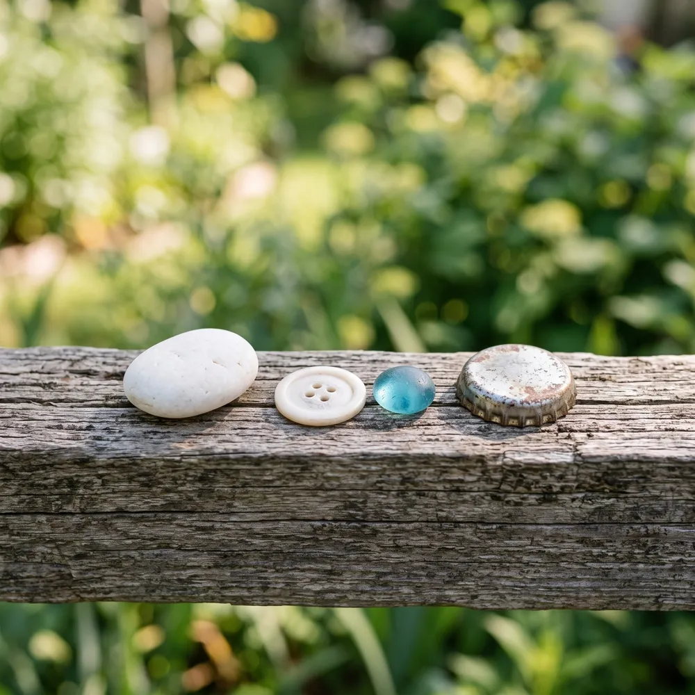 A pebble, a button, a bead and a bottle cap on a wooden rail