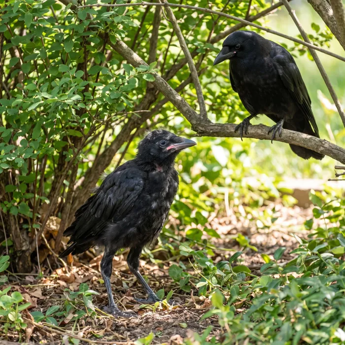Young crow fledgling being fed in summer